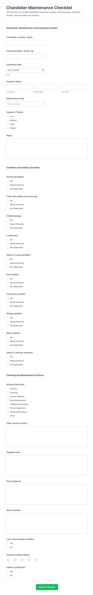 Chandelier Maintenance Checklist Form Template