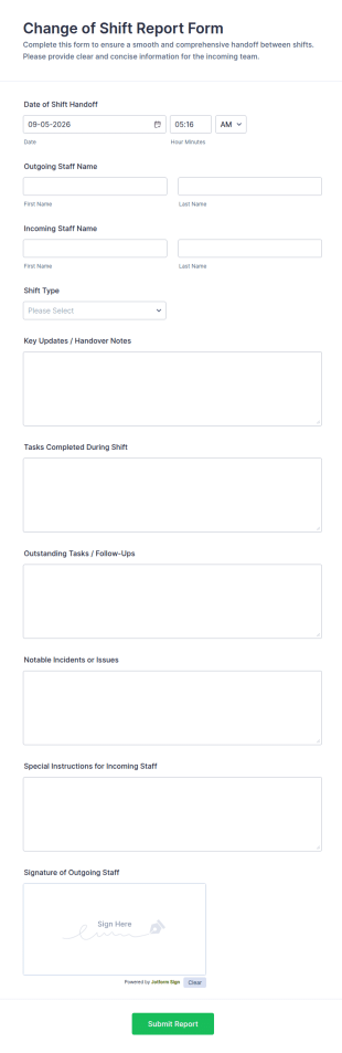 Change Of Shift Report Form Template