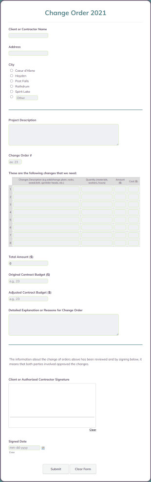 Change Order For Landcape Business Form Template