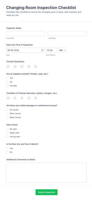 Changing Room Inspection Checklist Form Template