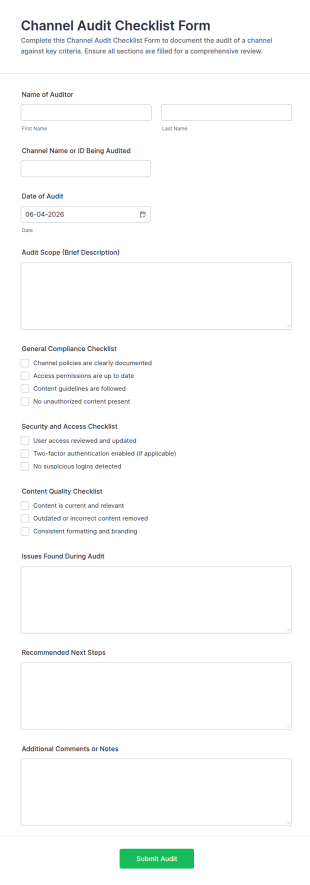 Channel Audit Checklist Form Template