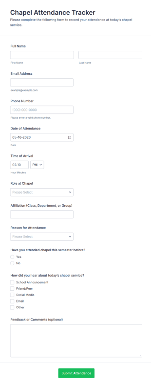 Chapel Attendance Tracker Form Template