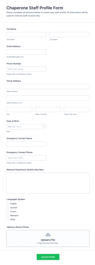 Chaperone Staff Profile Form Template