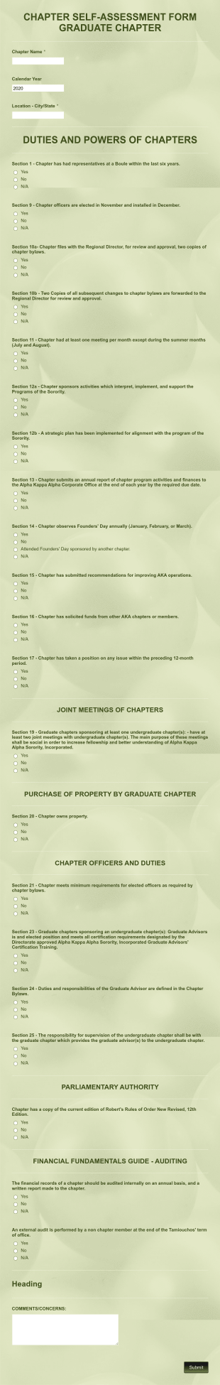Chapter Self Assessment Form Graduate Chapter Form Template