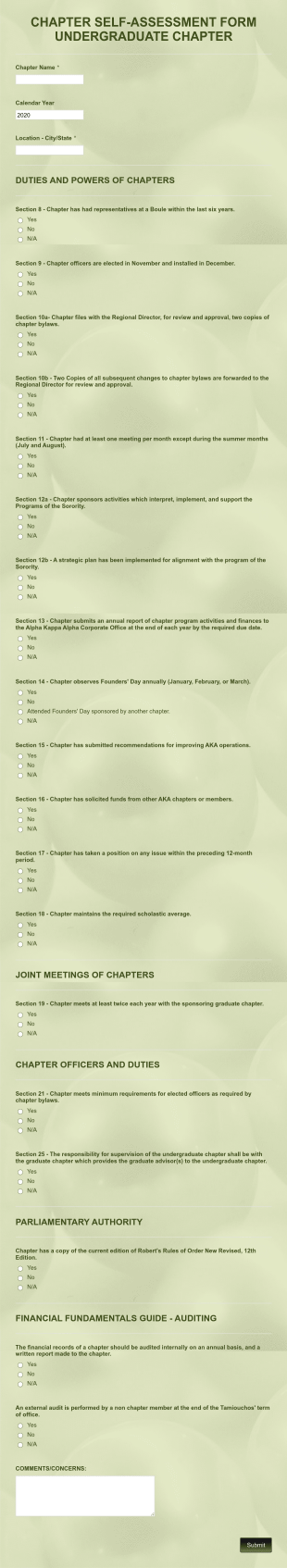 Chapter Self Assessment Form Undergraduate Chapter Form Template