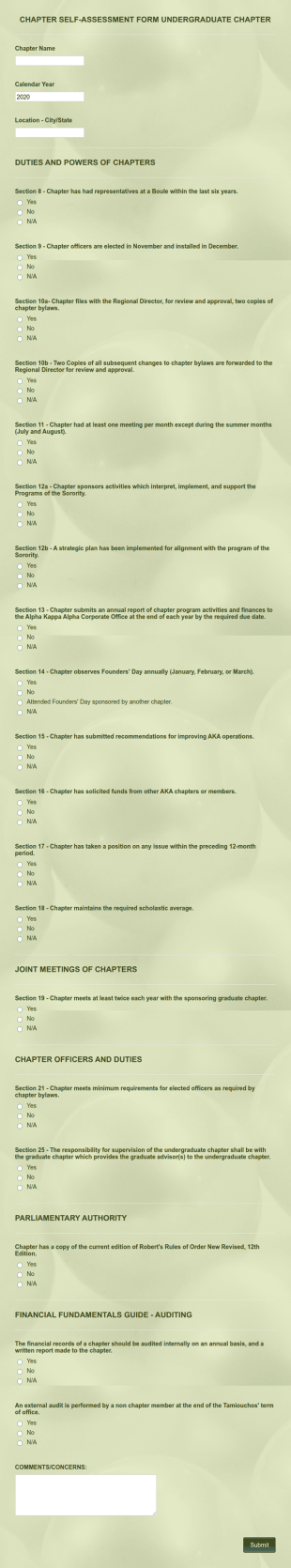 Chapter Self Assessment Form Undergraduate Chapter