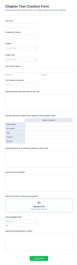 Chapter Test Creation Form Template