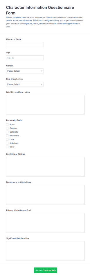 Character Information Questionnaire Form Template