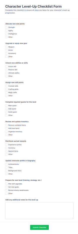 Character Level Up Checklist Form Template