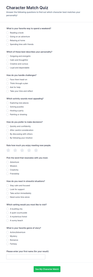 Character Match Quiz Form Template