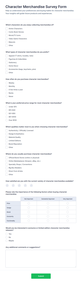 Character Merchandise Survey Form Template