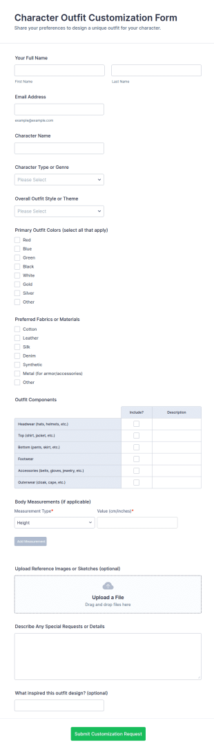 Character Outfit Customization Form Template