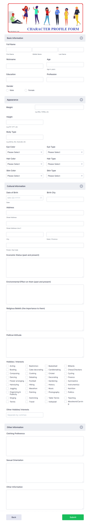 Character Profile Form Template