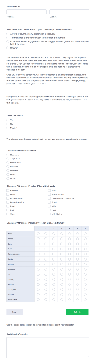 Character Questionnaire Form Template