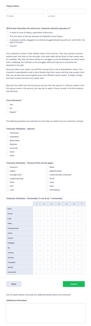Character Questionnaire Form Template