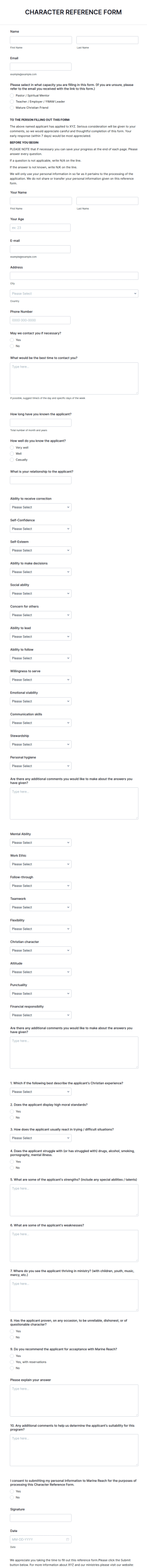 Character Reference Form Template