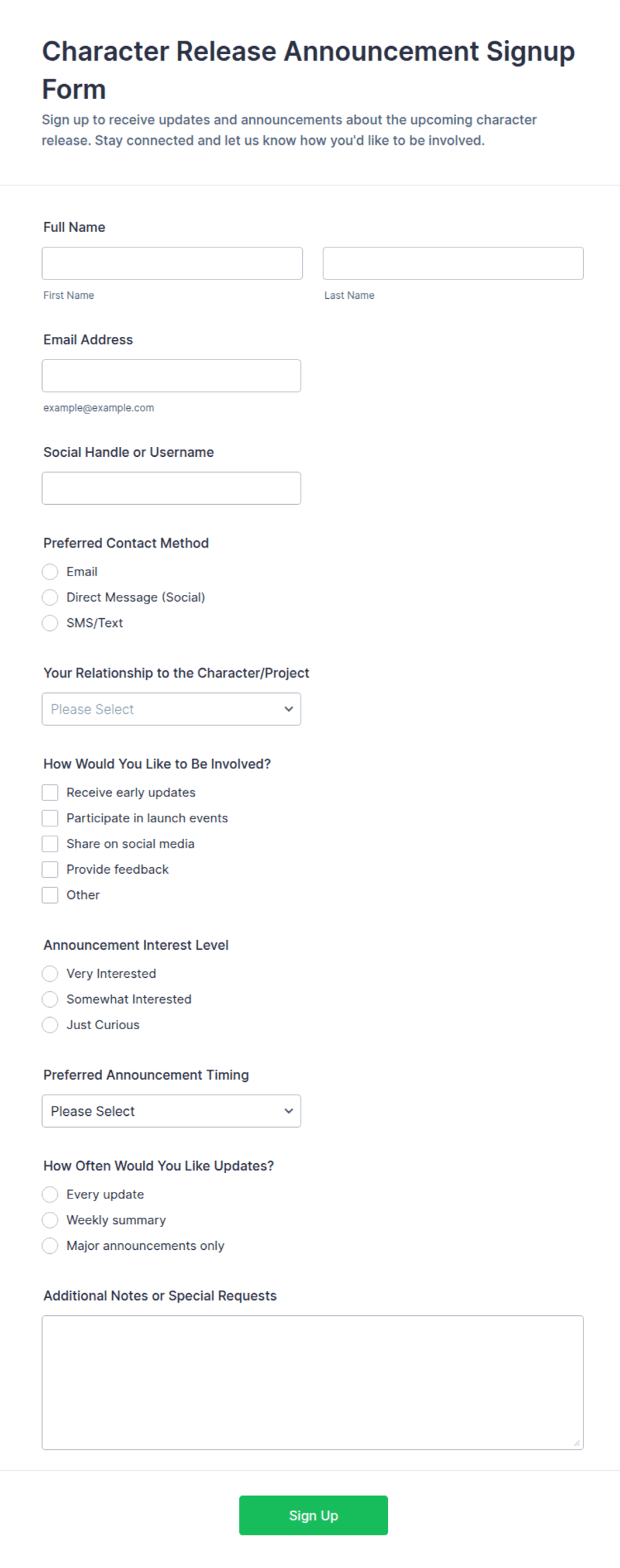 Character Release Announcement Signup Form Template | Jotform