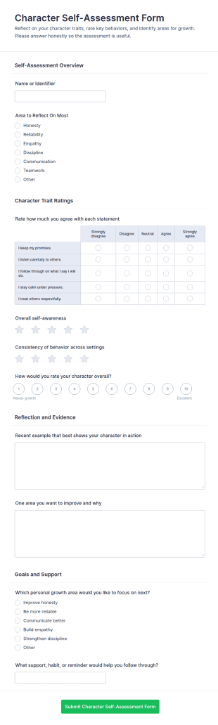 Character Self Assessment Form Template