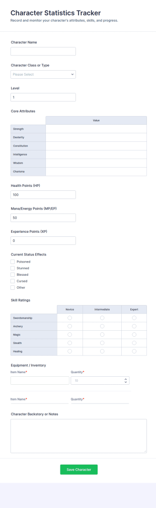Character Statistics Tracker Form Template