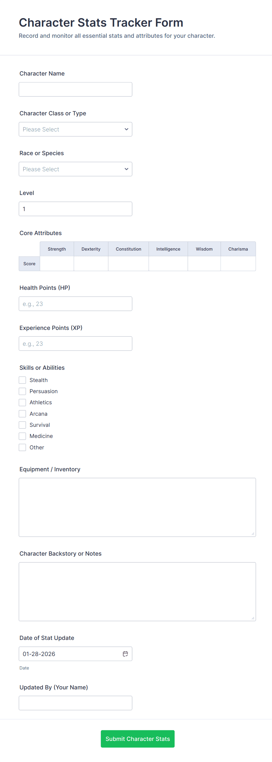 Character Stats Tracker Form | Jotform