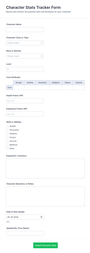 Character Stats Tracker Form Template
