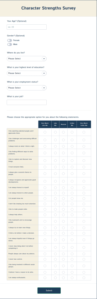 Character Strengths Survey Form Template