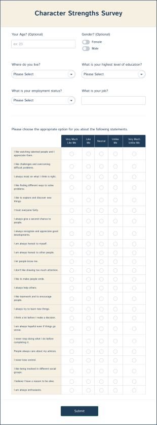 Character Strengths Survey Form Template