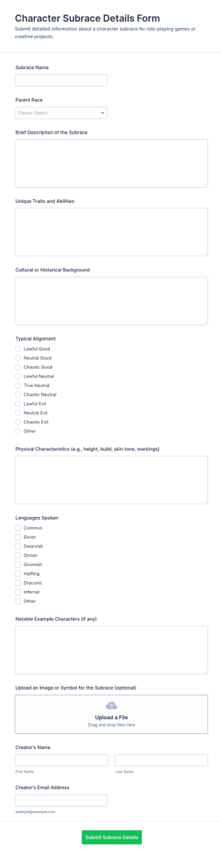 Character Subrace Details Form Template