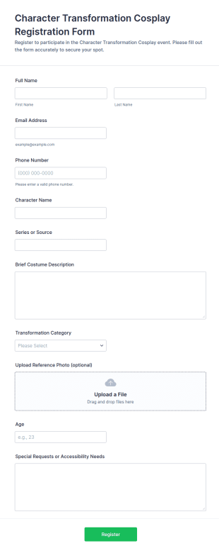 Character Transformation Cosplay Registration Form Template