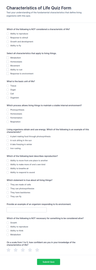 Characteristics Of Life Quiz Form Template