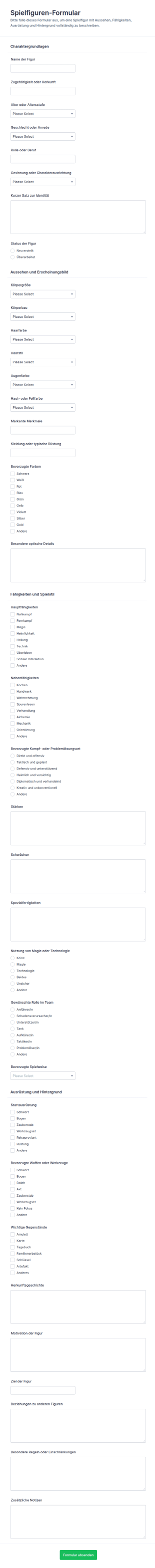 Charakteraufbau Formular
