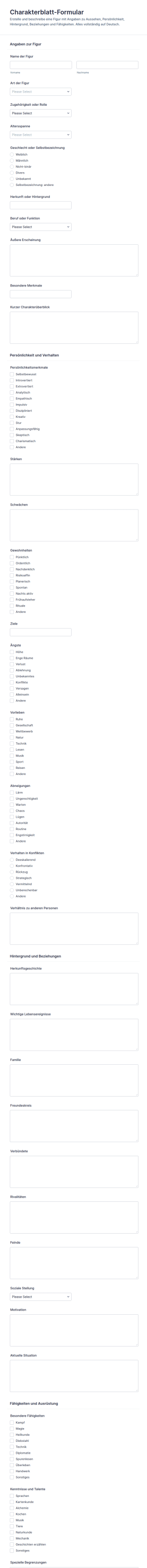 Charakterbogen Fragebogen