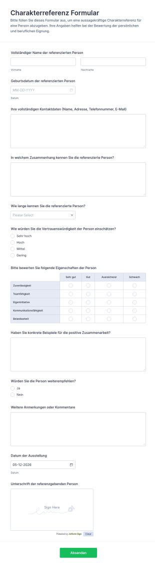 Charakterreferenz Formular