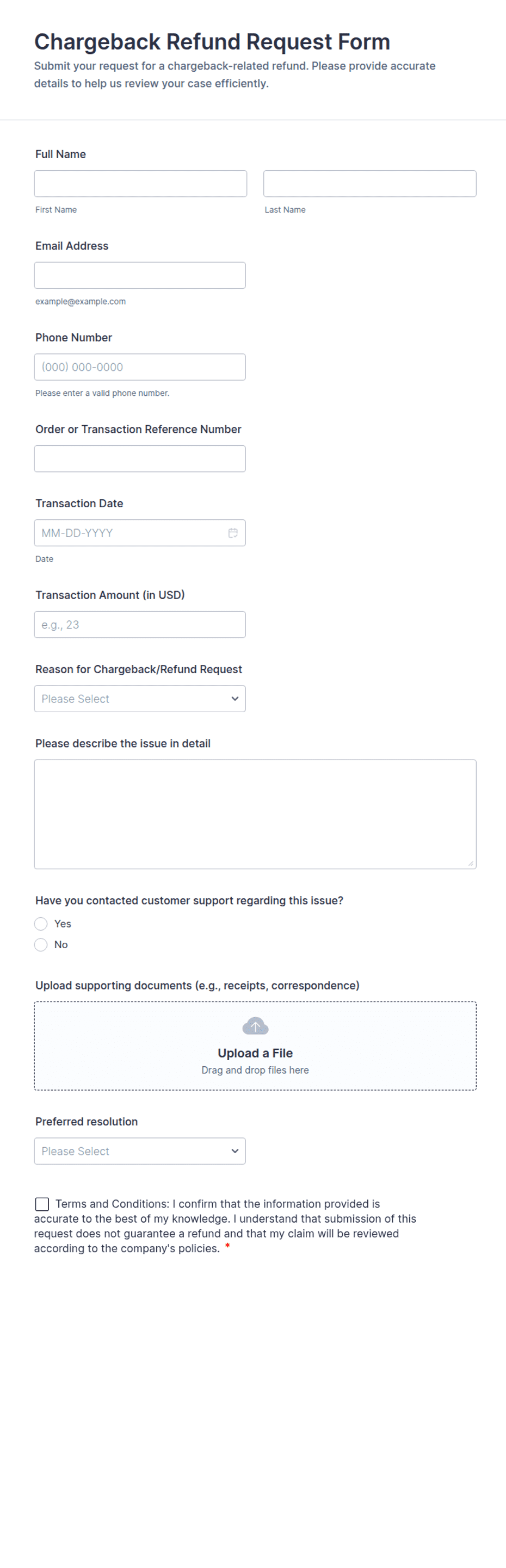 Charge Back Invoice Example Template Chargeback Refund Request Form Template | Jotform