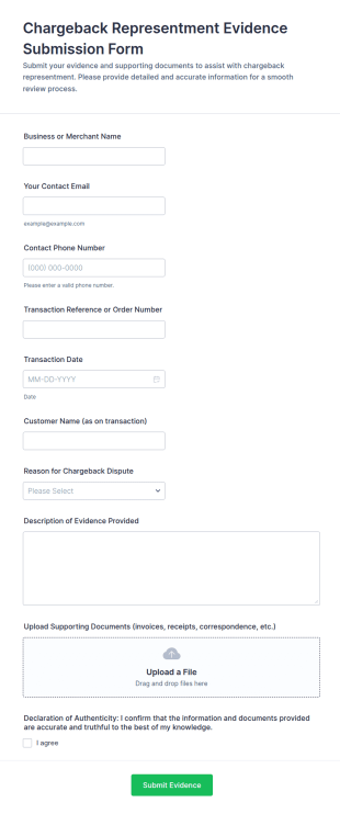 Chargeback Representment Evidence Submission Form Template
