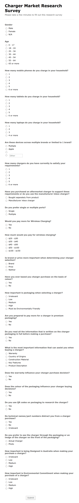 Charger Market Research Survey Form Template