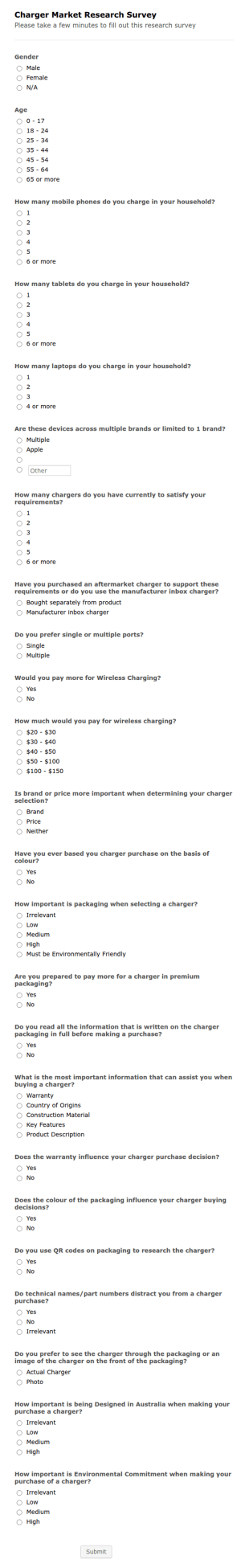 Charger Market Research Survey Form Template