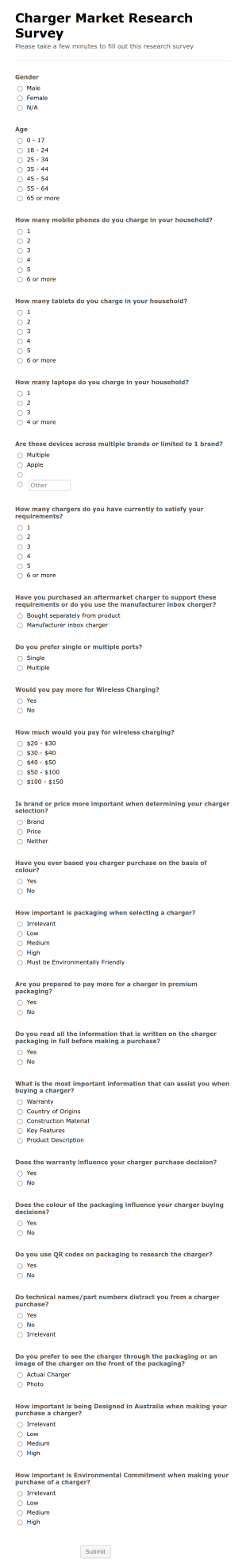 Charger Market Research Survey Form Template