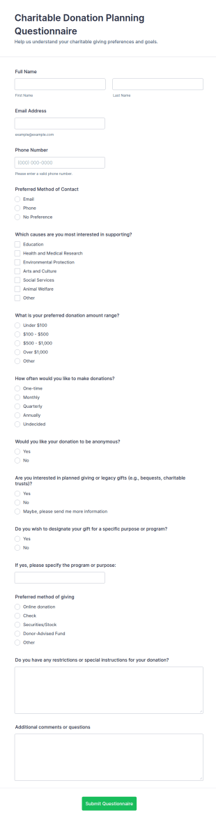 Charitable Donation Planning Questionnaire Form Template