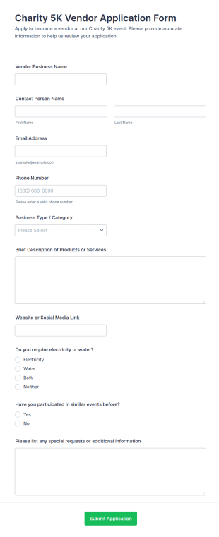 Charity 5K Vendor Application Form Template