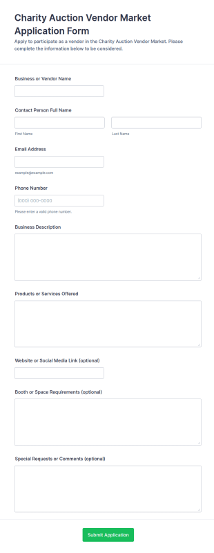 Charity Auction Vendor Market Application Form Template
