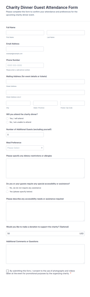 Charity Dinner Guest Attendance Form Template