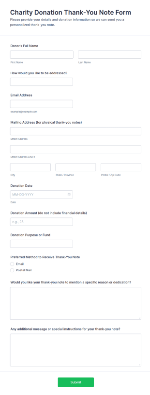 Charity Donation Thank You Note Form Template