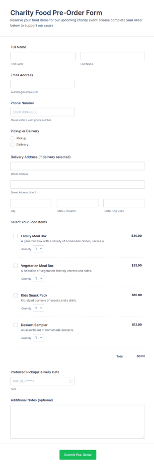 Charity Food Pre Order Form Template