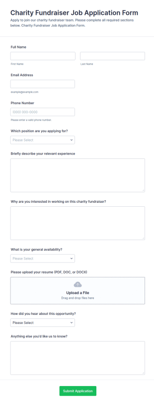 Charity Fundraiser Job Application Form Template