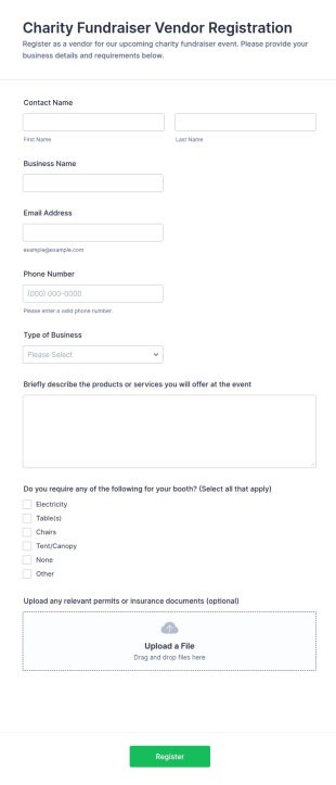 Charity Fundraiser Vendor Registration Form Template