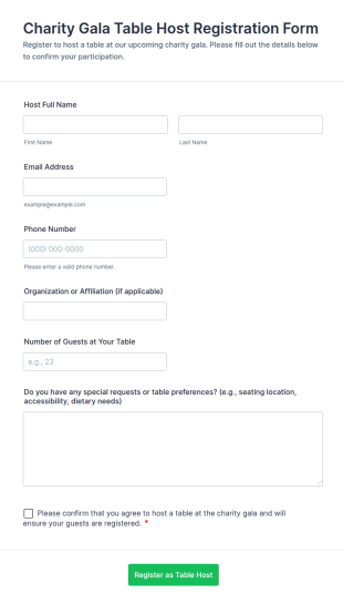 Charity Gala Table Host Registration Form Template
