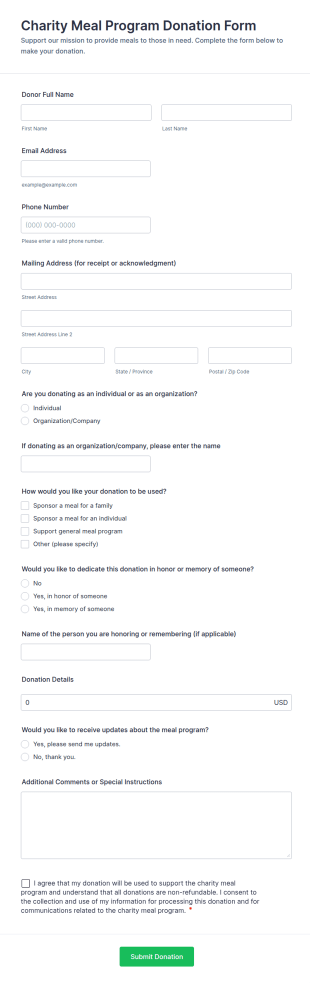 Charity Meal Program Donation Form Template
