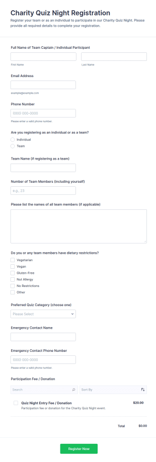 Charity Quiz Night Registration Form Template