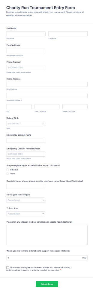 Charity Run Tournament Entry Form Template